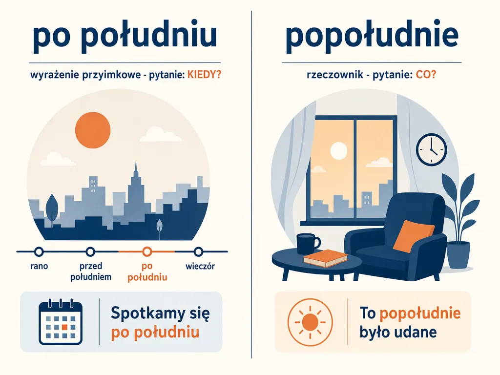 Infografika porównująca formę rozdzielną 'po południu' i łączną 'popołudnie' z pytaniami kiedy i co