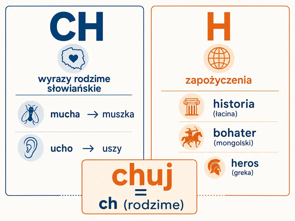 Infografika przedstawiająca zasadę ortograficzną: ch w wyrazach rodzimych, h w zapożyczeniach