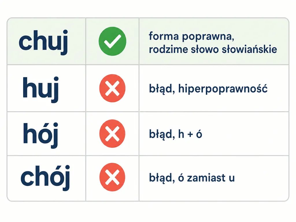 Infografika porównująca poprawny zapis chuj z błędnymi wariantami huj, hój, chój