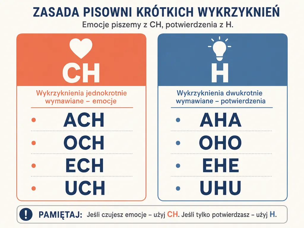 Infografika porównująca krótkie wykrzykniki pisane przez „ch" (ach, och, ech, uch) i przez „h" (aha, oho, ehe, uhu)
