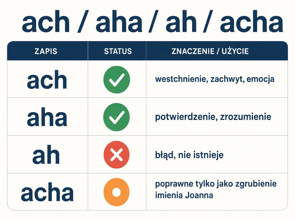 Infografika zestawiająca formy ach, aha, ah i acha z oznaczeniem poprawności i znaczeniem