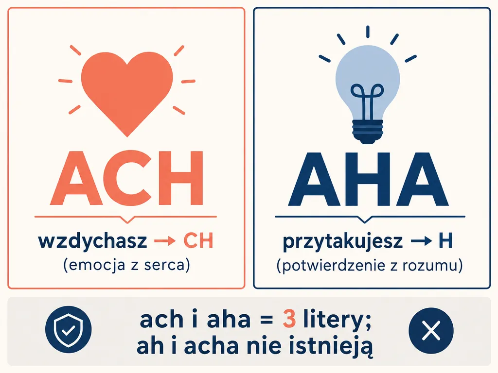 Infografika z mnemotechnikami: wzdychasz przez „ch" (ach), przytakujesz przez „h" (aha)