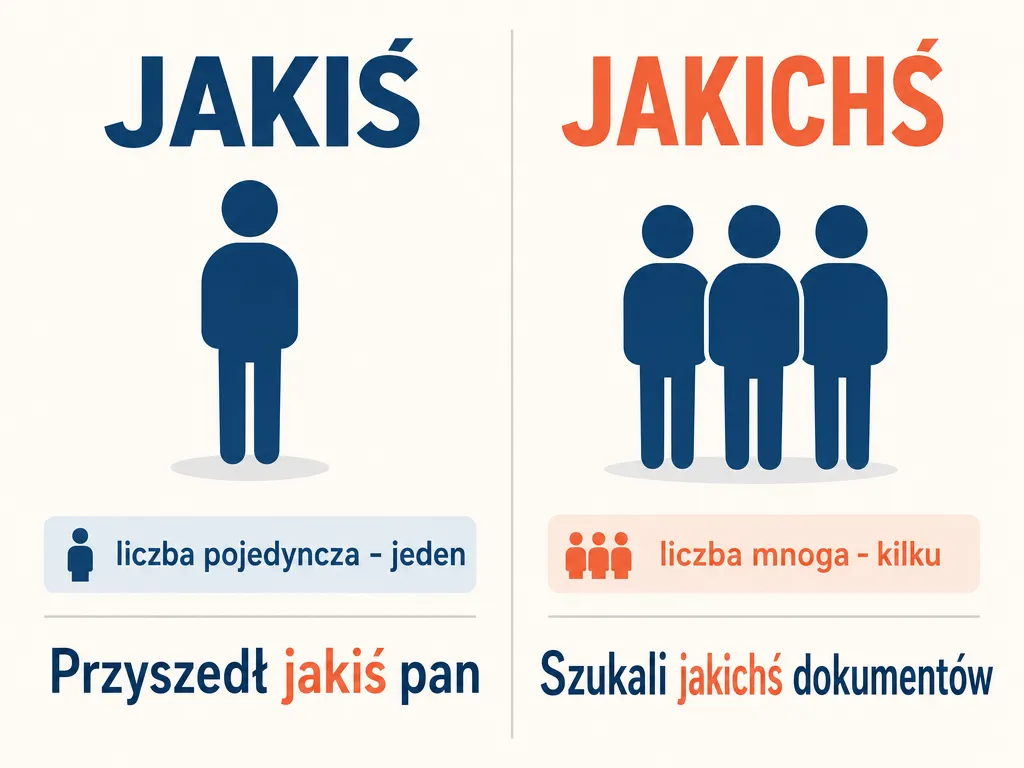 Infografika porównująca formę pojedynczą jakiś z formą mnogą jakichś z przykładami zdaniowymi