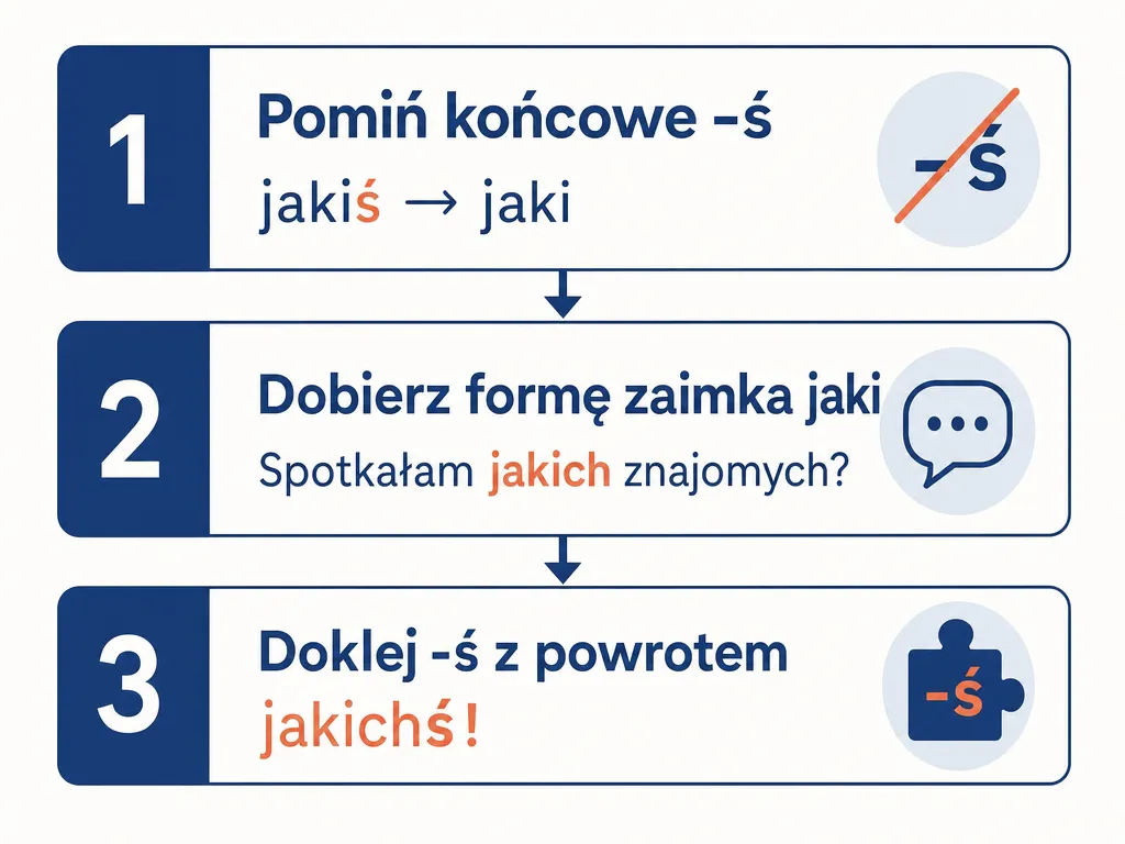 Diagram krok po kroku pokazujący test PWN na wybór formy jakiś lub jakichś w zdaniu