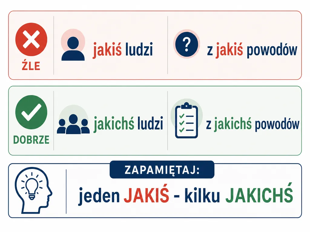 Infografika pokazująca najczęstszy błąd jakiś ludzi zamiast jakichś ludzi z regułą do zapamiętania