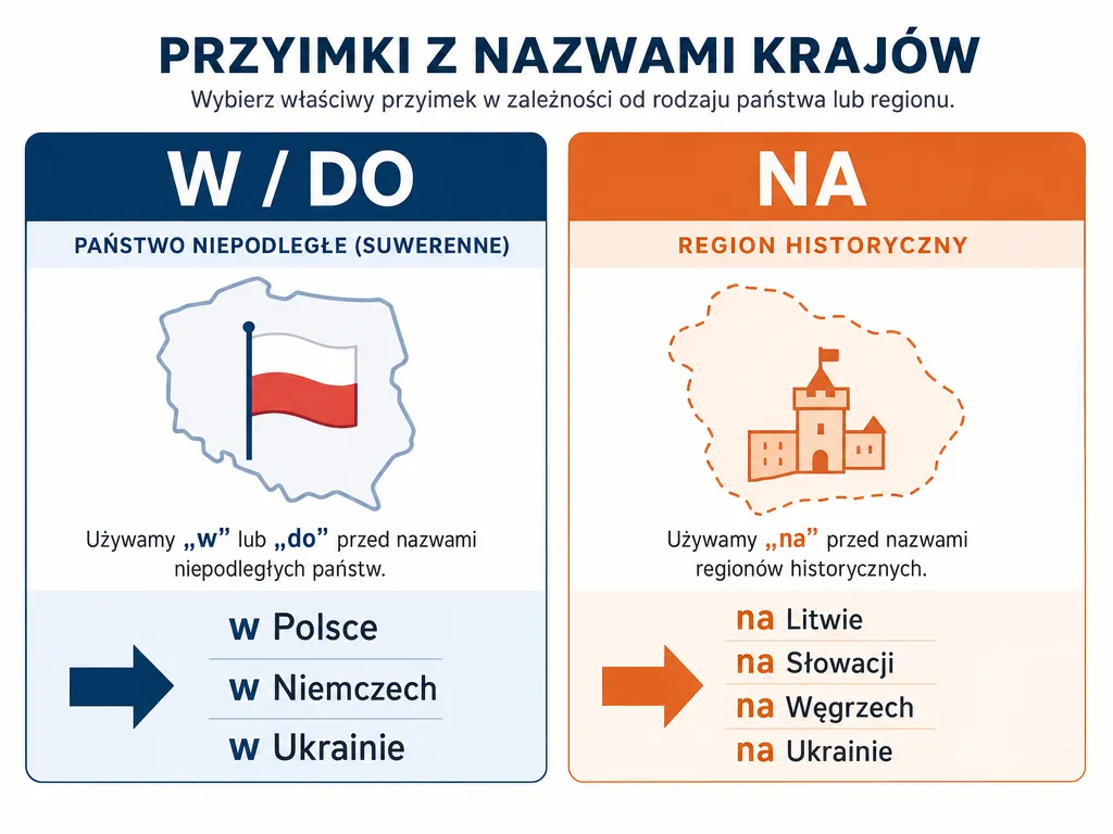 Infografika porównująca zasadę użycia przyimków 'w/do' dla niepodległych państw oraz 'na' dla krain historycznych