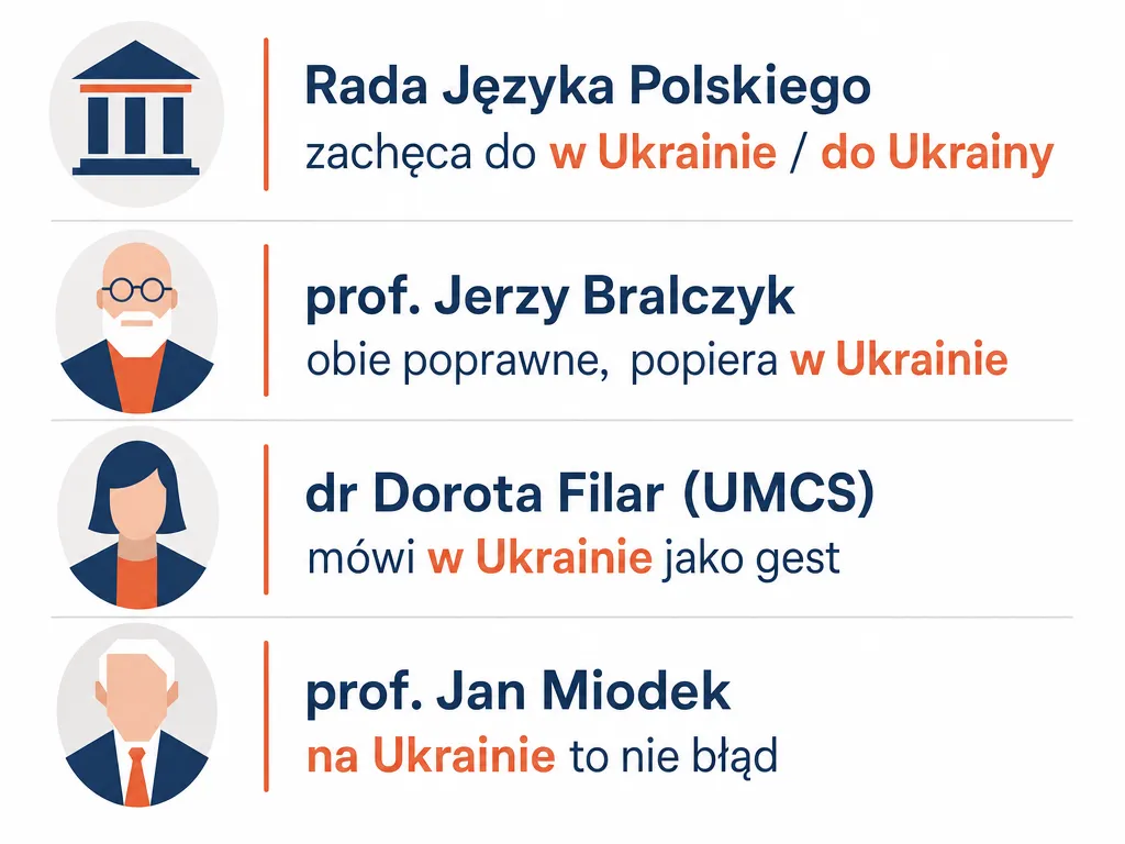 Infografika zestawiająca stanowiska RJP, Bralczyka, Filar i Miodka wobec form 'w Ukrainie' i 'na Ukrainie'