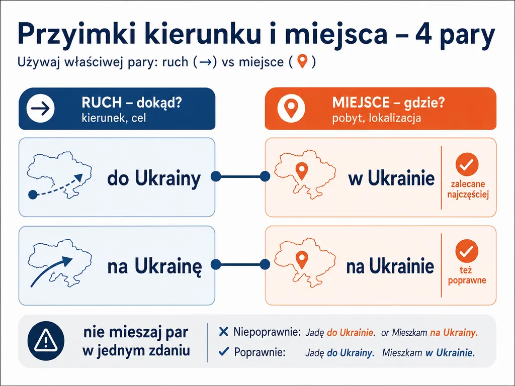 Infografika pokazująca zgodne pary przyimków: do Ukrainy / w Ukrainie oraz na Ukrainę / na Ukrainie