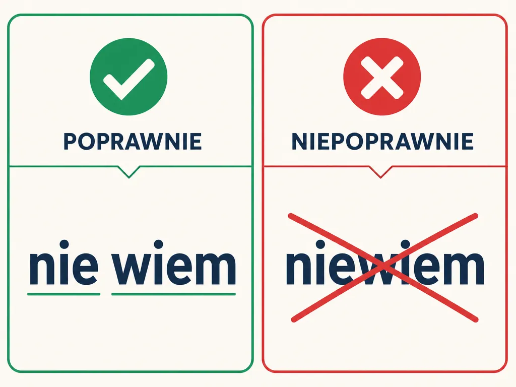Infografika porównująca poprawną pisownię „nie wiem" rozdzielnie z błędną formą „niewiem"