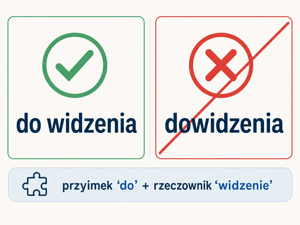 Infografika porównująca poprawną formę „do widzenia” z błędnym zapisem „dowidzenia”