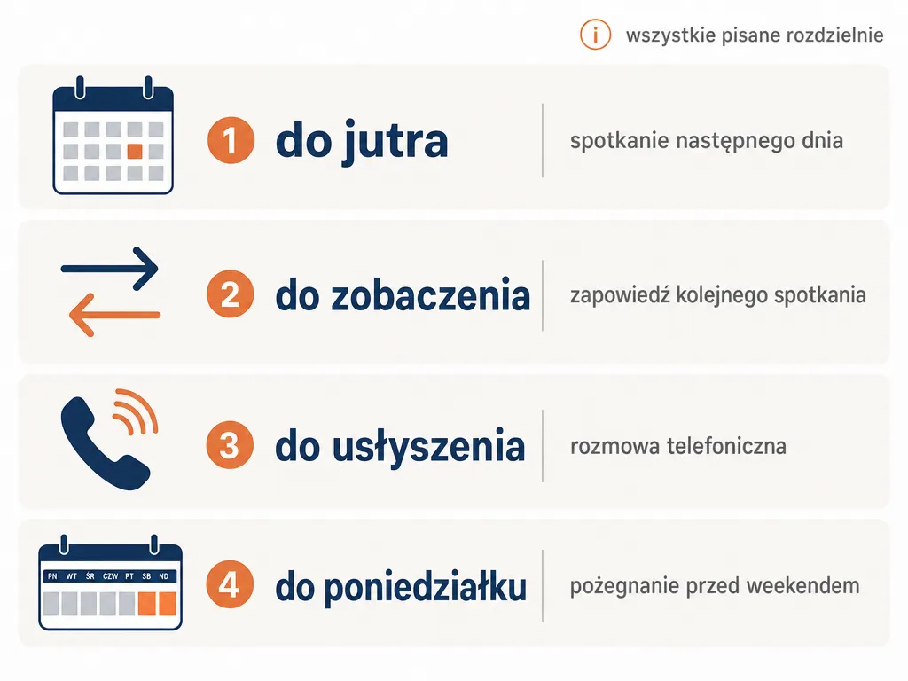 Infografika pokazująca pożegnania „do jutra”, „do zobaczenia”, „do usłyszenia”, „do poniedziałku” i ich konteksty