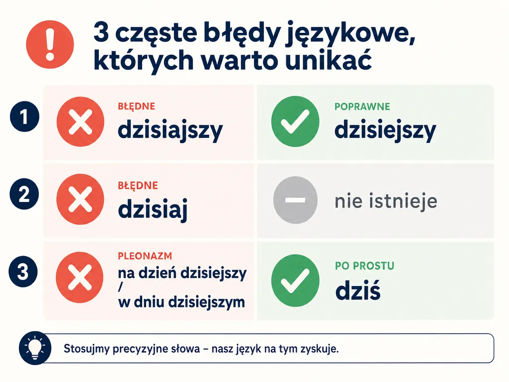 Checklista trzech błędnych form: dzisiajszy, dzisiej oraz pleonazm na dzień dzisiejszy, z poprawnymi odpowiednikami