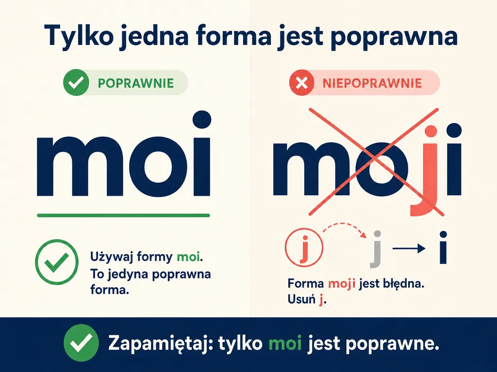 Infografika porównująca poprawną formę 'moi' z błędnym zapisem 'moji'