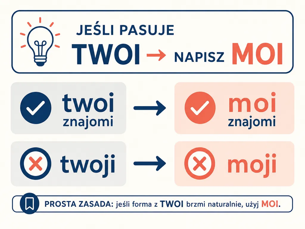 Infografika przedstawiająca trik zamiany 'moi' na 'twoi' jako sposób zapamiętania poprawnej formy