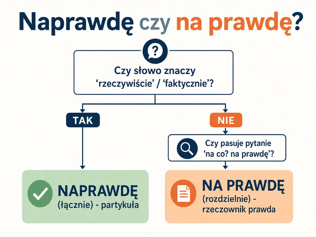 Diagram decyzyjny pokazujący kiedy pisać naprawdę łącznie a kiedy na prawdę rozdzielnie