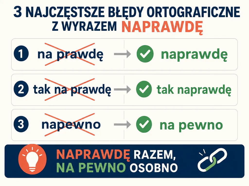 Infografika z trzema najczęstszymi błędami w pisowni naprawdę i ich poprawnymi formami
