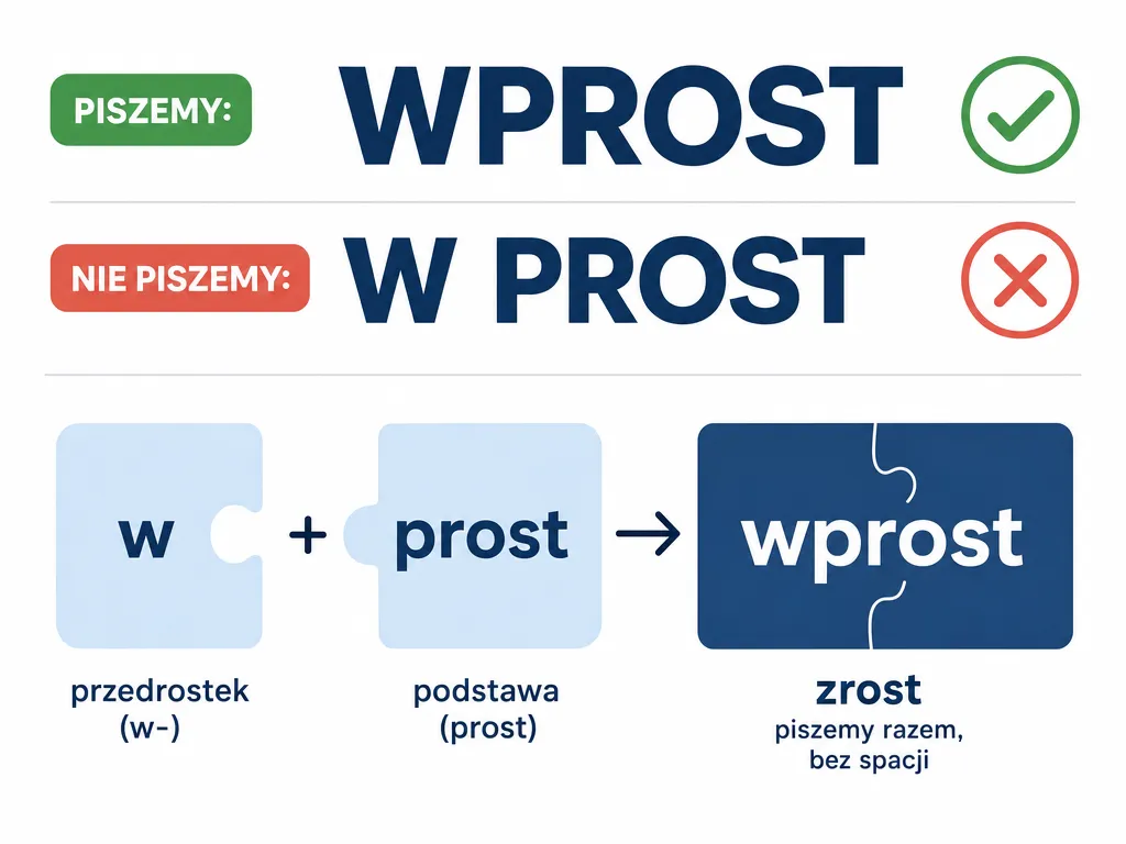 Infografika pokazująca poprawną łączną pisownię słowa wprost i błędny zapis w prost