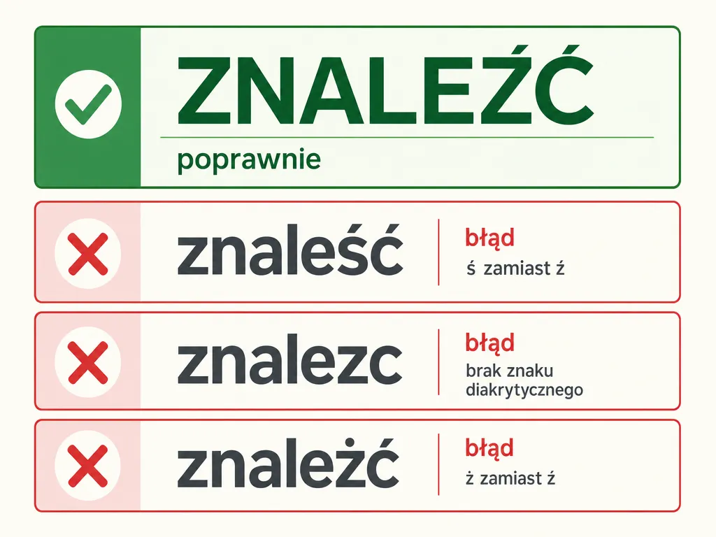 Infografika porównująca poprawną formę znaleźć z błędnymi wariantami znaleść, znalezc i znależć