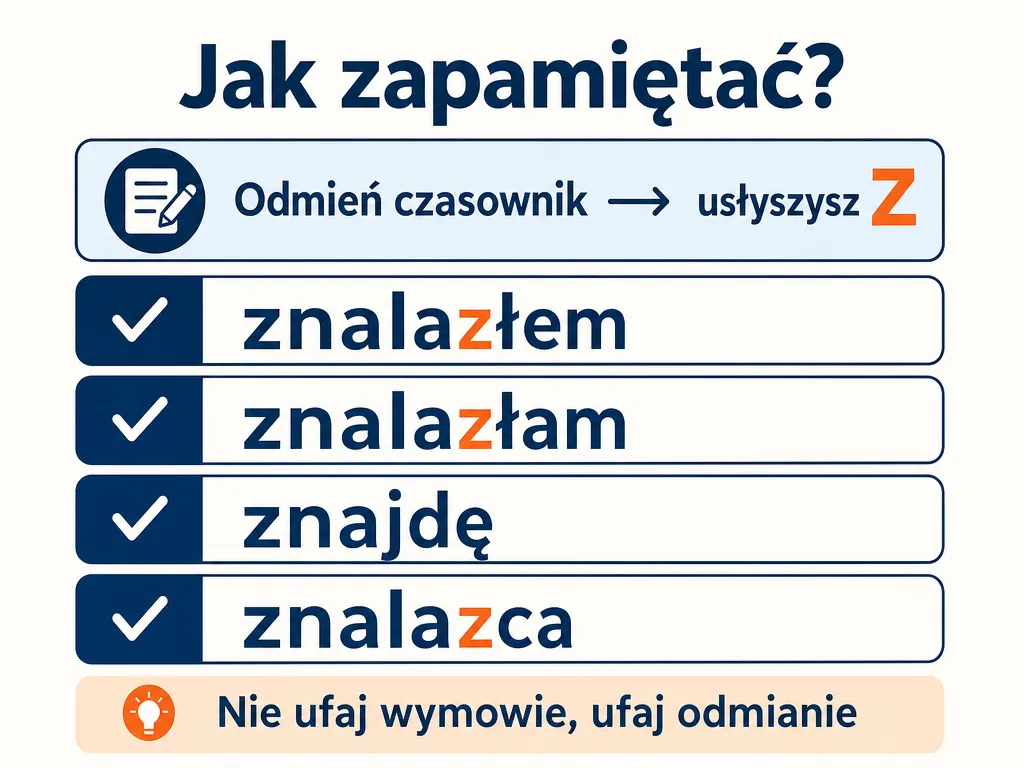 Infografika z trikiem na zapamiętanie pisowni znaleźć poprzez odmianę czasownika