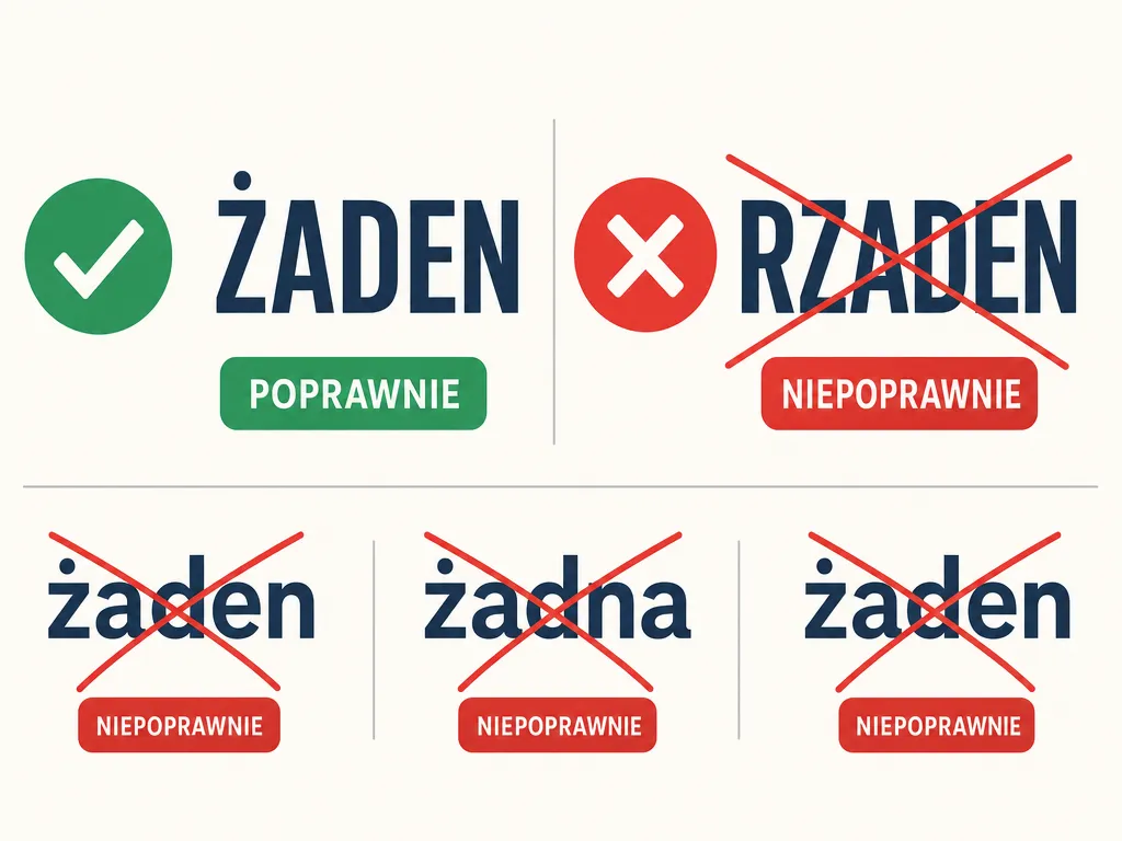 Infografika porównująca poprawną formę 'żaden' z błędnym zapisem 'rzaden' i innymi pomyłkami