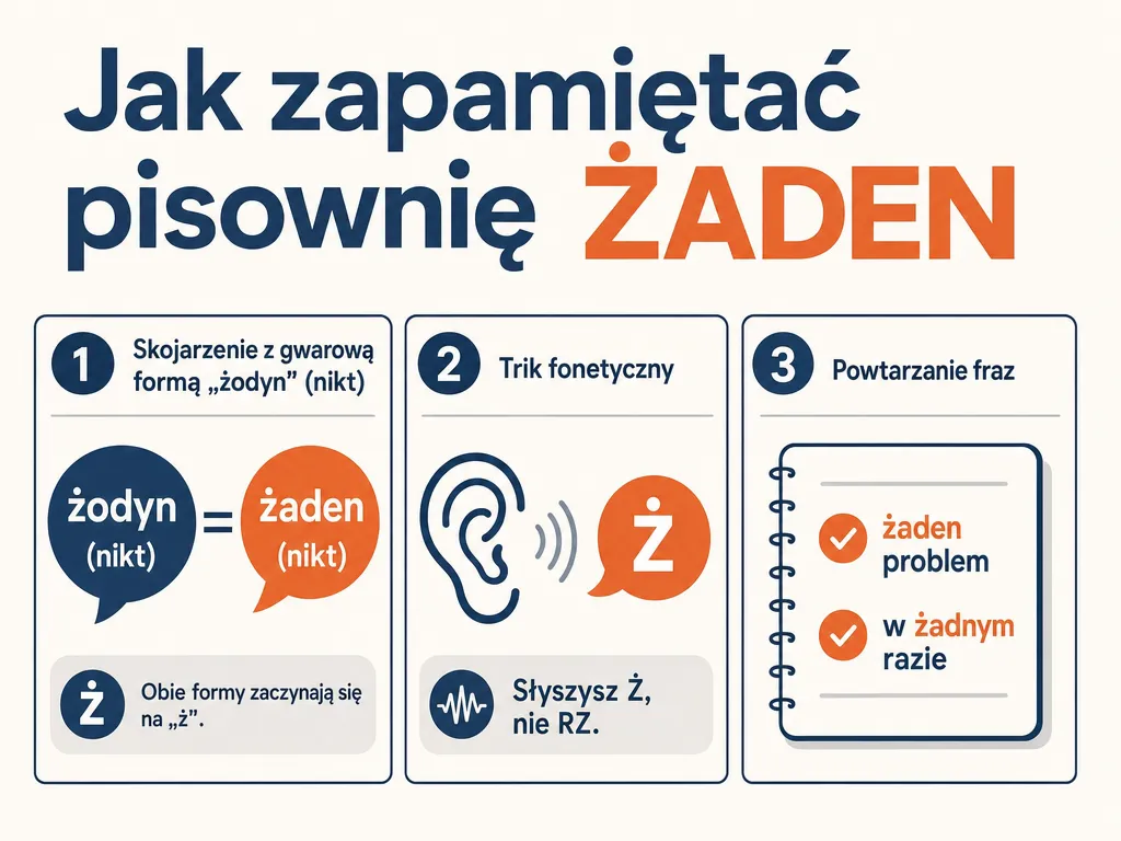 Infografika z trzema trikami pomagającymi zapamiętać pisownię słowa żaden przez ż