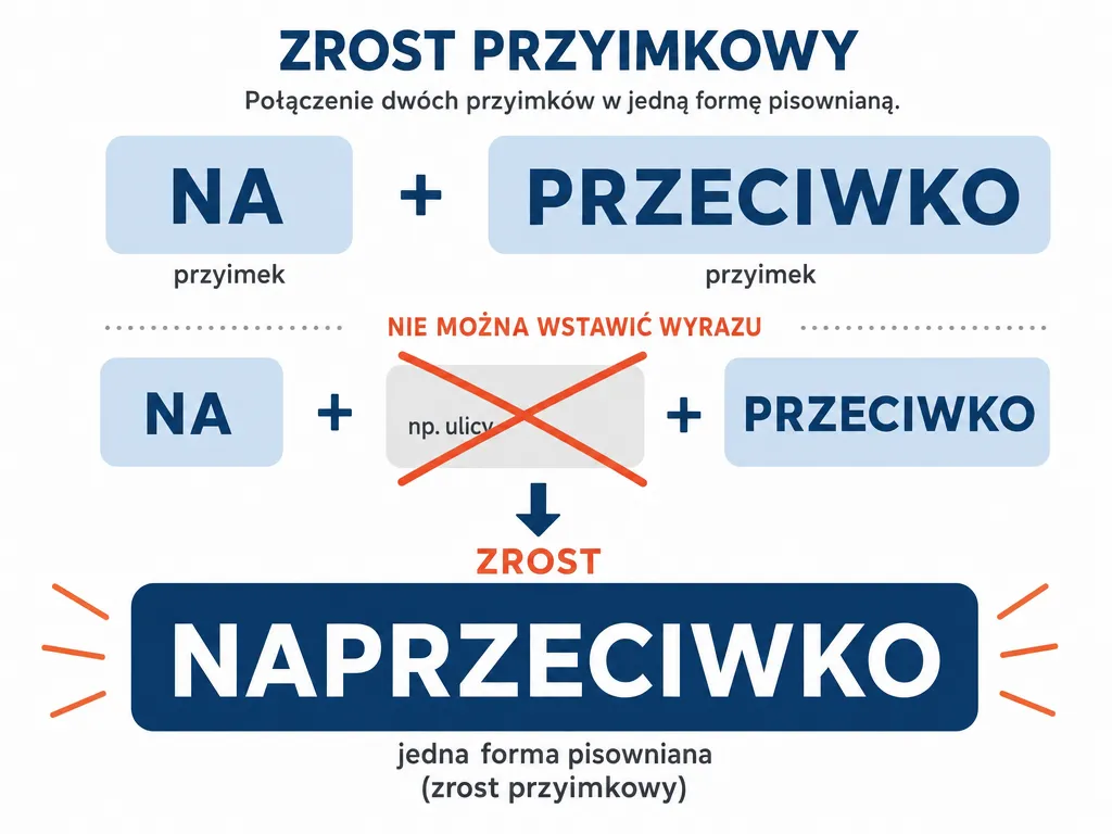 Diagram pokazujący zrost przyimkowy - połączenie słów na i przeciwko w jeden wyraz naprzeciwko