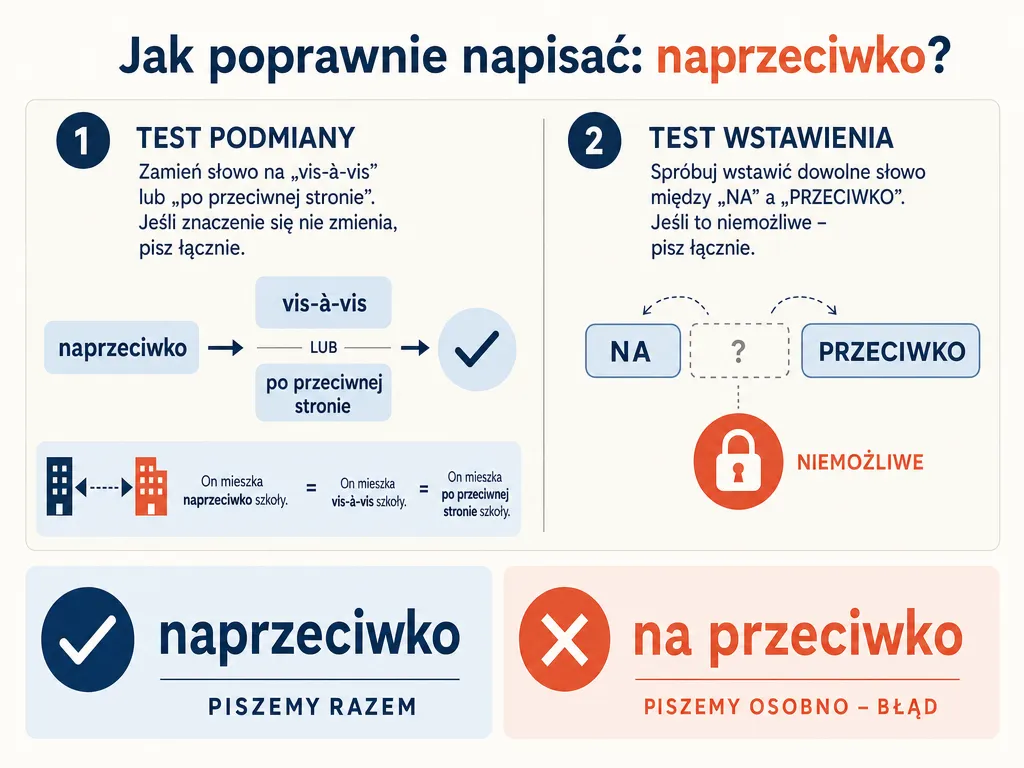 Infografika z dwoma prostymi testami sprawdzającymi łączną pisownię wyrazu naprzeciwko