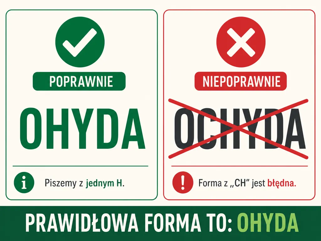 Infografika porównująca poprawną formę OHYDA z błędną OCHYDA