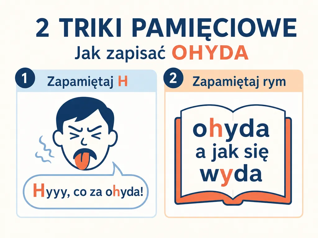 Infografika z dwoma trikami na zapamiętanie pisowni słowa ohyda