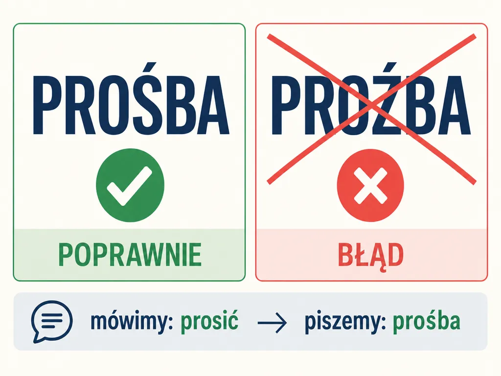 Grafika porównująca poprawną formę prośba przez ś z błędną formą proźba przez ź