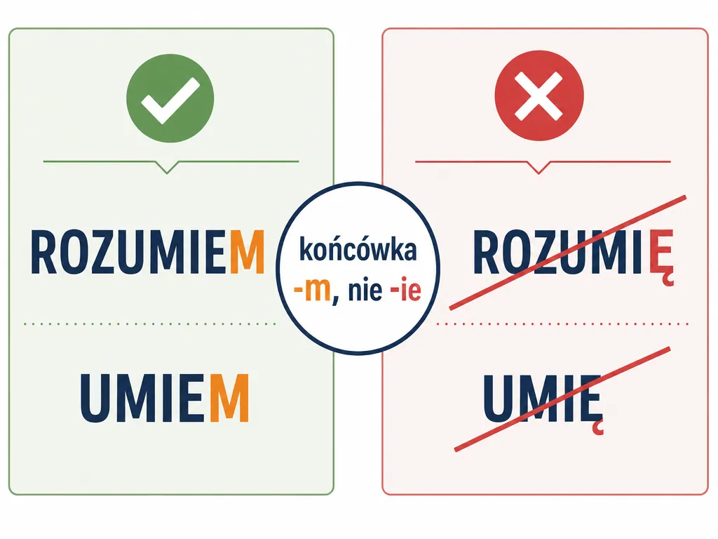 Infografika porównująca poprawną formę rozumiem i umiem z błędnymi rozumię i umię