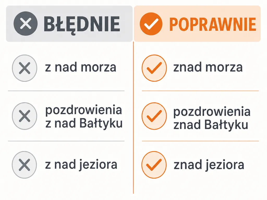 Porównanie błędnych i poprawnych form zapisu wyrazu znad